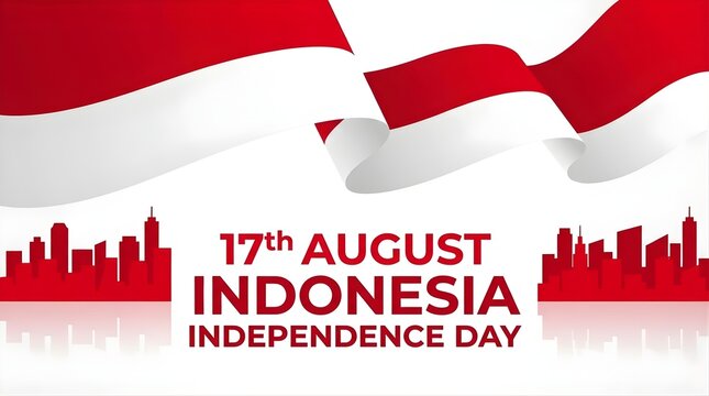 17th August Indonesia Independence Day banner with wavy flag and city skyline silhouette.