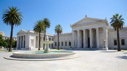 Obraz premium Classical museum building with a large fountain and palm trees.