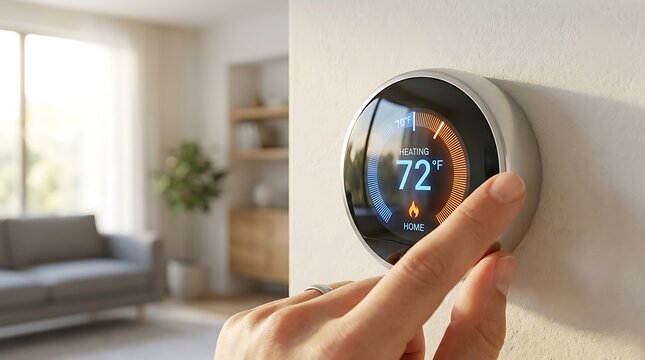 Close up of a hand adjusting a smart digital wall thermostat to control home temperature for energy efficiency and climate comfort