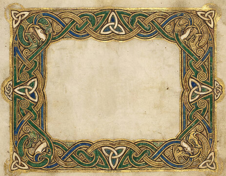 Traditional celtic knotwork border frame with intricate interlacing patterns on antique parchment.