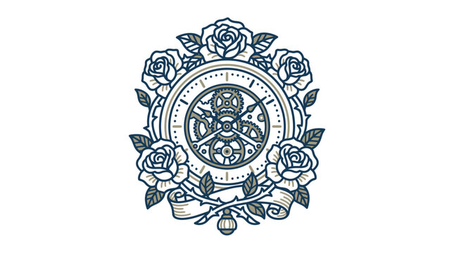Vintage mechanical clock face surrounded by roses and banner design element