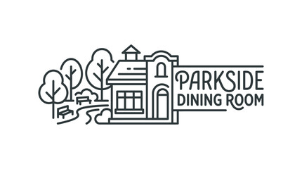 Fototapeta premium Clean line art logo with building park and text parkside dining room