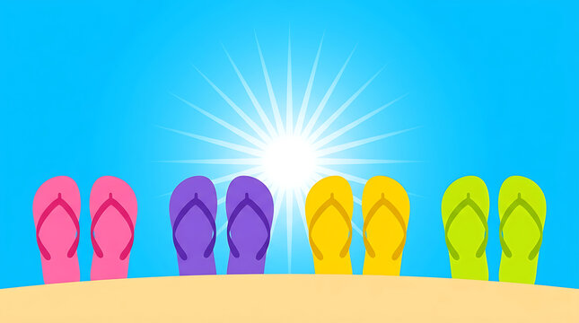 Four pairs of colorful flip-flops on beach. Summer vacation footwear flat vector design.