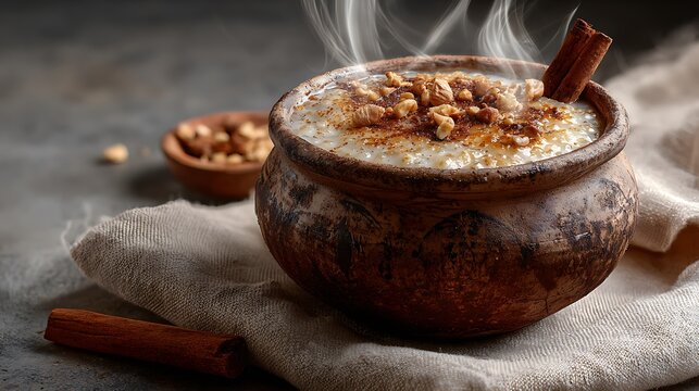 Steaming warm sago pudding in rustic clay pot decorated with crushed nuts