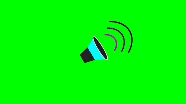 A simple, flat design icon of a megaphone emitting sound waves on a green screen background.