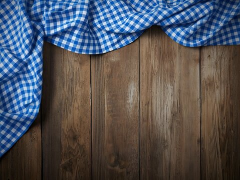 Blue Gingham Napkin Border on Rustic Wooden Table with Copy Space