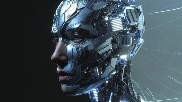 A cybernetic humanoid face with glowing mechanical parts in a futuristic style on dark background, concept of advanced technology