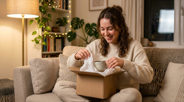 Young woman happily unboxing a package containing a ceramic mug at home