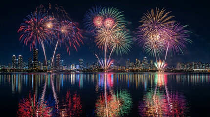 Obraz premium Colorful fireworks illuminate the night sky over a city skyline reflected in a river