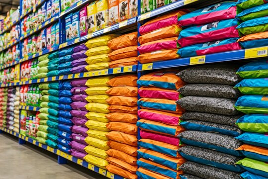 Colorful pet store shelf filled with pet food packages, representing pet care, retail shopping, animal nutrition and everyday supplies
