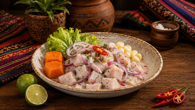 Ceviche tradizionale del per&ugrave; con pesce, cipolla, mais e patata dolce. Generative AI 