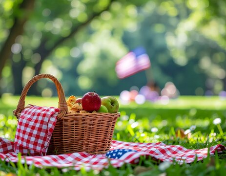 Vintage picnic basket with floral pattern and wine outdoors.