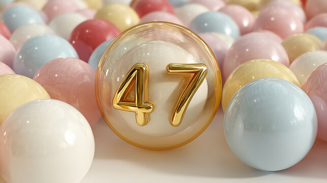 Golden number 47 encased in transparent sphere surrounded by pastel colored balls, symbolizing hope and luck. scene conveys sense of whimsy and possibility