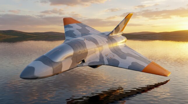 Futuristic fighter jet flying over calm water at sunset.