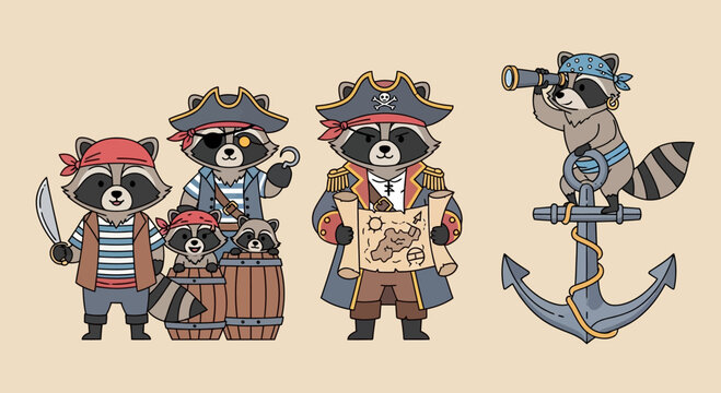 Cute Pirate Raccoon Crew Cartoon Character Set