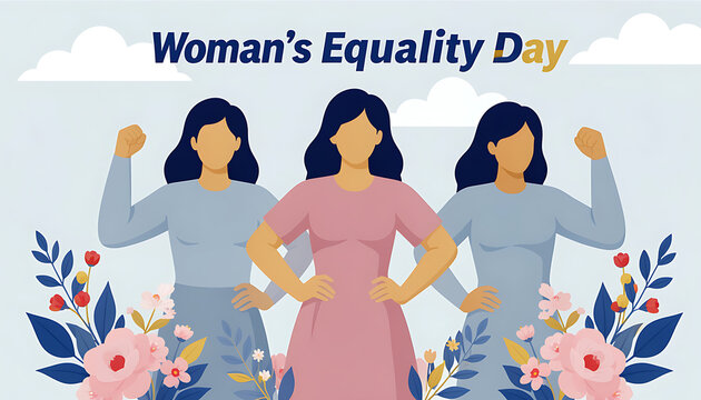 Women's Equality Day celebration with diverse female professionals raising fists. Empowered multicultural team showing solidarity and gender equali...