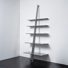 grey metal bookcase, featuring a slanted metal upright on which the various shelves rest. © Luca