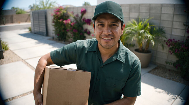 Smiling Delivery Man Holding Cardboard Package at Front Door
