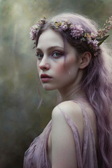 Fototapeta premium Dreamy Fantasy Woman with Floral Crown in Enchanted Forest