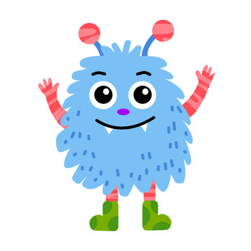 Fluffy blue monster character vector illustration. Furry alien creature mascot isolated.