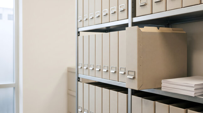 Office archive storage room with beige cardboard file boxes on metal shelving