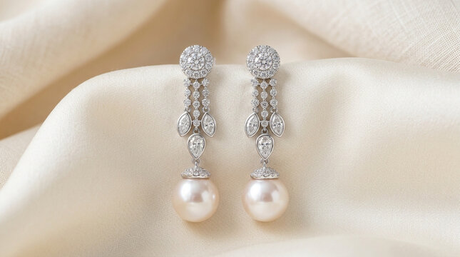 Elegant pearl and diamond drop earrings on silk fabric