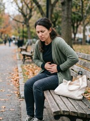 Fototapeta premium Woman sitting on bench in park suffering from sudden abdominal pain. Female experiencing stomach ache or indigestion. Concept of illness and health problem during outdoor walk.