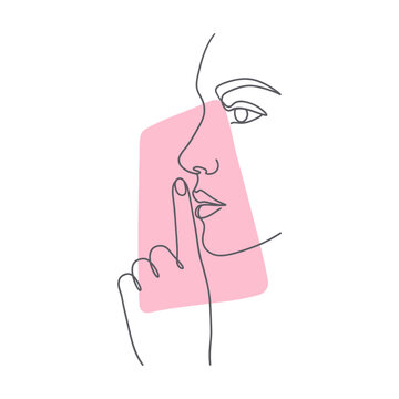 Minimalist face line art with finger on lips.