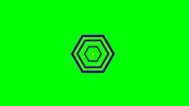 Concentric purple and green hexagons with a central yellow dot on green