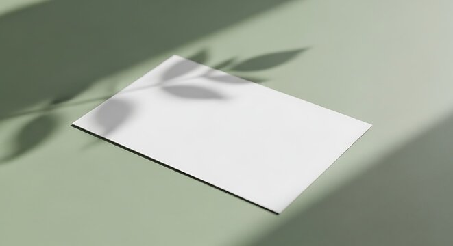 Blank paper sheet resting on a flat surface featuring natural leaf shadows casting across the scene creating a peaceful atmosphere for creative design presentation and professional stationery