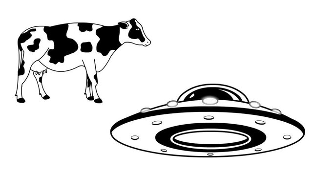 Cartoon style animation of a cow and a flying saucer, black and white art, drawing, 2D.