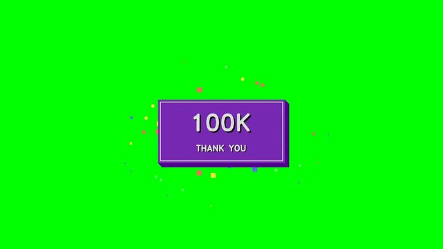 Purple button with 100K and THANK YOU text on a green screen background with confetti.