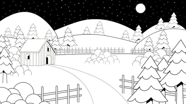 Cartoon style animation of a farm at night, black and white art, drawing, 2D.