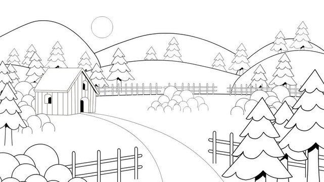 Cartoon style animation of a farm, black and white art, drawing, 2D.