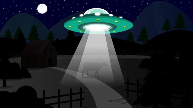 Cartoon style animation of a flying saucer abducting a cow in the dark, art, drawing, 2D.