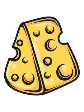 Smiling slice of Swiss cheese with holes on white background. Golden dairy food product isolated for packaging and advertising design.