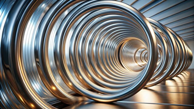 A shiny chrome spiral coil oscillates wildly in wave motion on a sleek mirrored walls infinite empty copy space