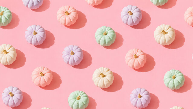 Pastel miniature pumpkins form a playful autumn pattern on a pink background.