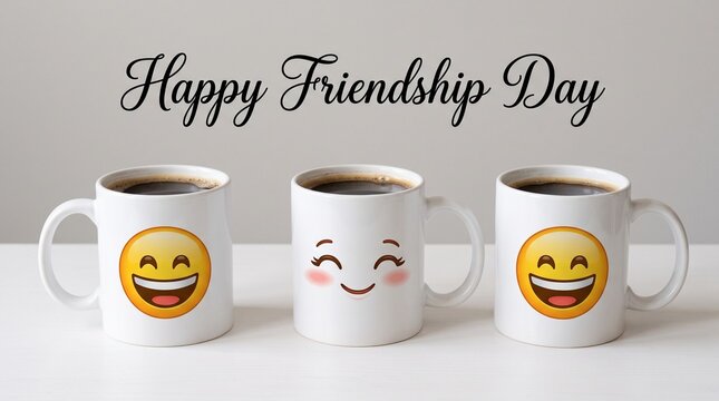 Happy Friendship Day greeting card with coffee mugs, three white ceramic cups with emoji faces, social media banner for friends and connection