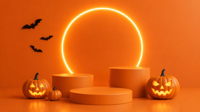 A glowing neon moon frames a rustic Halloween podium surrounded by pumpkins, lanterns, and flying bats.