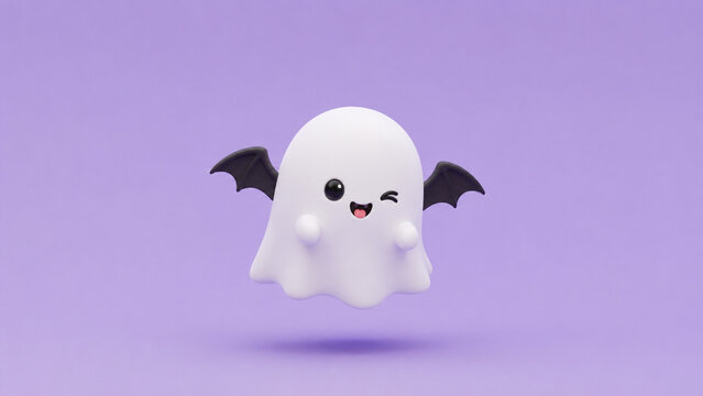 A cheerful white ghost with tiny bat wings floats against a lavender background.