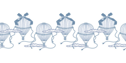 Hot air balloon flying among the clouds, seamless border. Hand drawn vector illustration in a vintage style with detailed shading. For greeting cards, nursery wallpaper designs, envelopes and banners. © Farida