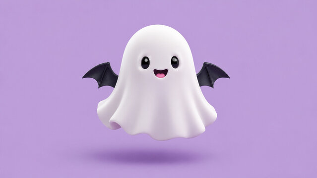 A cheerful white ghost with tiny bat wings floats against a lavender background.