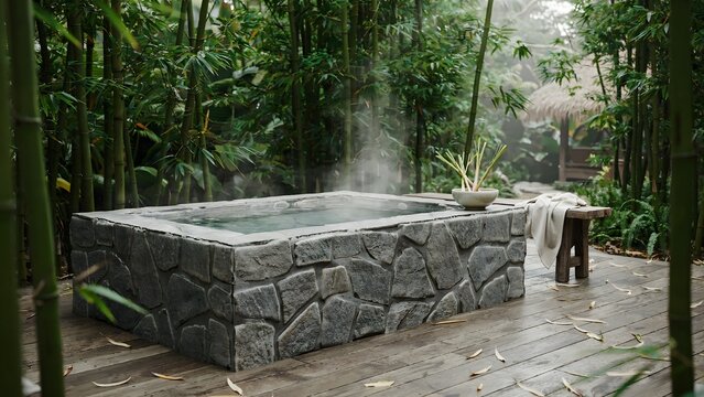 Tranquil outdoor stone hot tub surrounded by lush green bamboo and plants in a garden setting