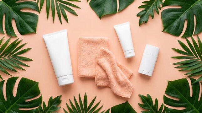 Natural skincare cosmetic mockup with white tubes and towel, organic beauty products on peach background, tropical palm leaf frame for spa branding