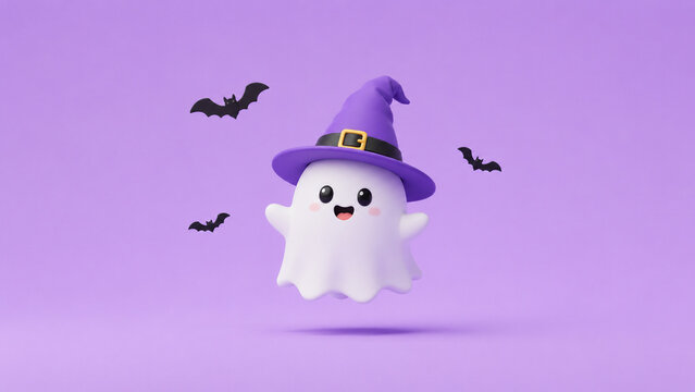 A cute ghost wearing a purple witch hat floats among black bats on a lavender background.