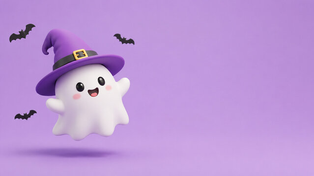 A cute ghost wearing a purple witch hat floats among black bats on a lavender background.
