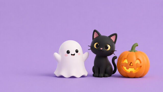 A cute black cat sits beside a friendly ghost and carved pumpkin on a beige background.