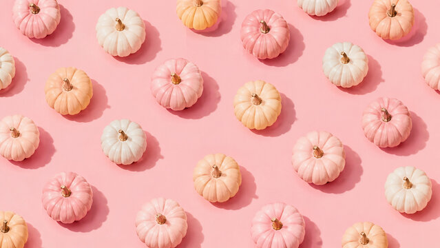 Pastel miniature pumpkins form a playful autumn pattern on a pink background.