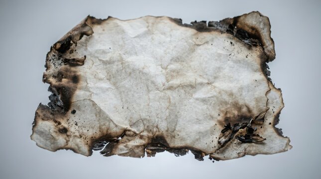 Close up of a burnt crumpled piece of paper with charred edges on a li